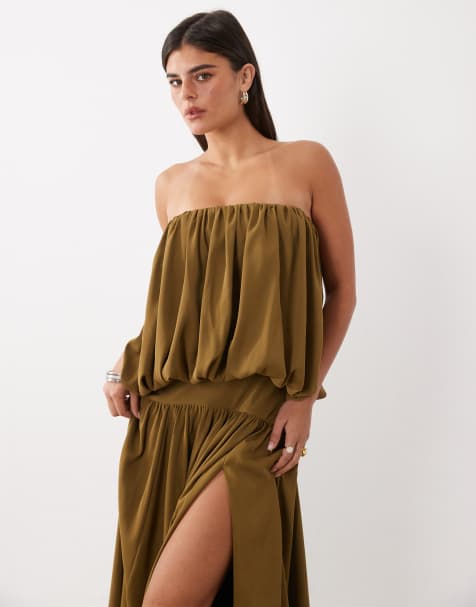 ASOS DESIGN - vestido maxi con palabra de honor, falda amplia y efecto burbuja en verde oliva oscuro - view 1