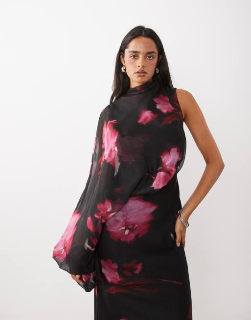 ASOS DESIGN - vestido maxi con una manga, capa blusón y corte al bies en rosa con estampado floral, 2 de 4