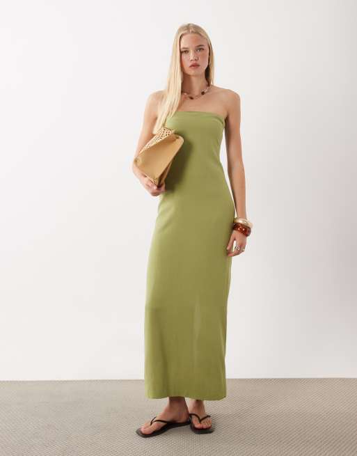 ASOS DESIGN - vestido maxi de corte recto en mezcla de lino en verde oliva, 3 de 4