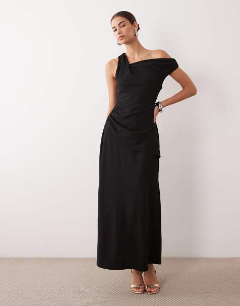 ASOS DESIGN vestido maxi de crepé con hombros caídos y detalle fruncido en la falda en negro - view 1