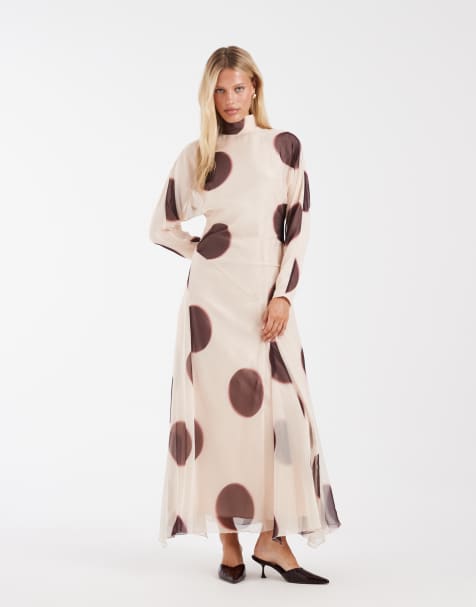 ASOS DESIGN - Vestido maxi de cuello alto con cintura asimétrica y lunares marrones - view 1