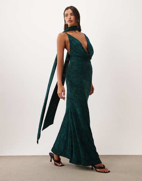 ASOS DESIGN - vestido maxi de devoré de flores con cuello desbocado y detalle de pañuelo en verde azulado - view 1