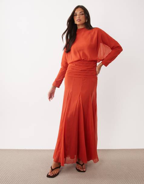 ASOS DESIGN - Vestido maxi de gasa con cintura fruncida, panel godet y color óxido - view 1