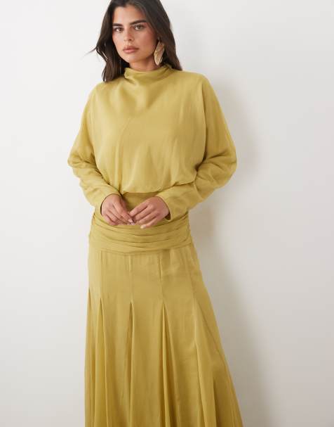 ASOS DESIGN - vestido maxi de gasa con cintura fruncida, paneles godet y color verde oliva - view 1