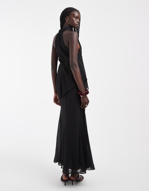 ASOS DESIGN - vestido maxi de gasa con cuello alto y doble capa en negro, 4 de 4
