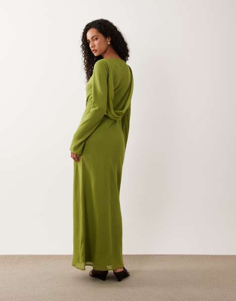 ASOS DESIGN - vestido maxi de gasa con cuello desbocado y detalle en la espalda en oliva - view 1