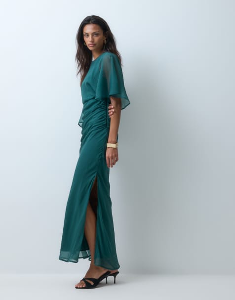 ASOS DESIGN - vestido maxi de gasa con mangas asimétricas en verde oscuro - view 1