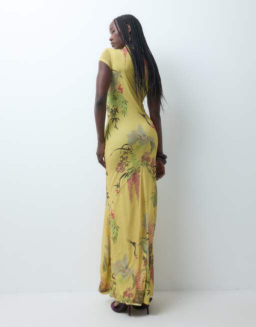 ASOS DESIGN - vestido maxi de gasa elástica estampada con cuello mao y estampado botánico, 4 de 7
