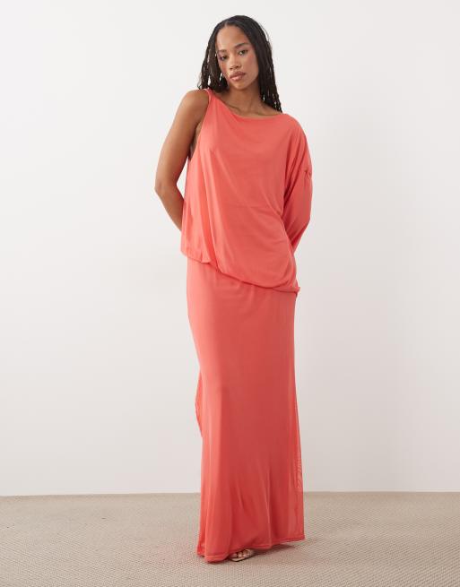 ASOS DESIGN vestido maxi de malla asimétrico tipo blusón con manga extralarga en coral