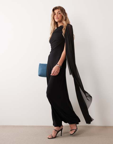 ASOS DESIGN vestido maxi de malla con capa y detalle drapeado en el cuerpo en negro - view 1