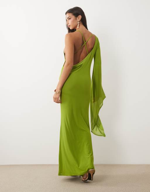 ASOS DESIGN - Vestido maxi de malla con manga tipo pañuelo drapeada en citrus