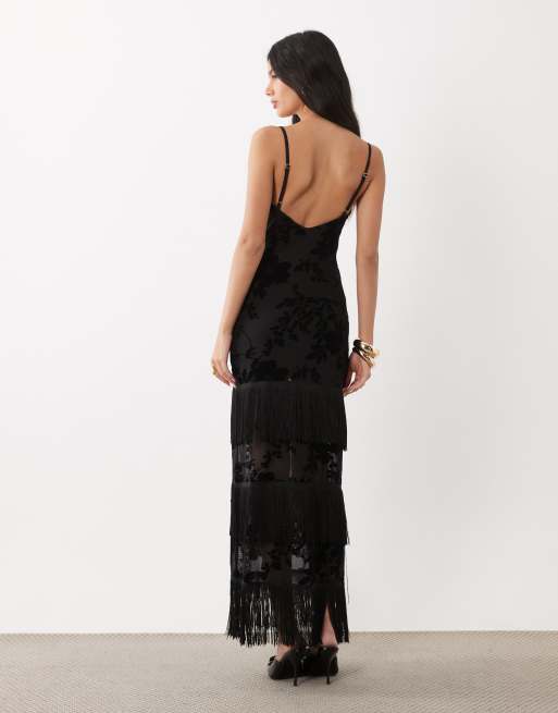 ASOS DESIGN - Vestido maxi de malla devoré con flores y flecos en negro, 4 de 4