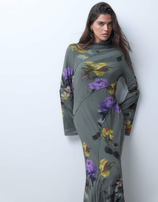 ASOS DESIGN vestido maxi de malla estampada con cuello alto y godets en floral morado, 3 de 5