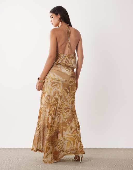 ASOS DESIGN - Vestido maxi de malla estampada con detalle halter cruzado de cuentas en zebra, 4 de 4