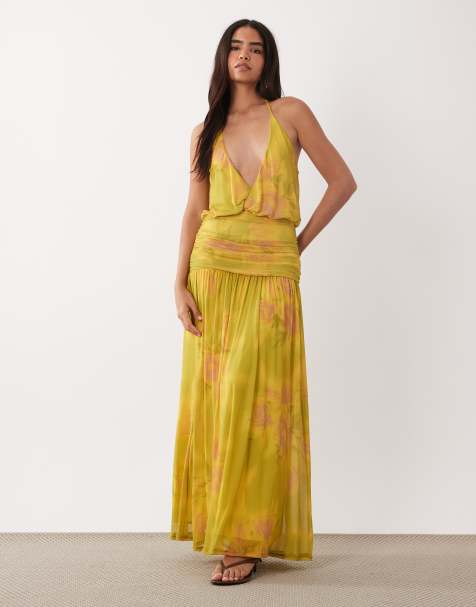 ASOS DESIGN - vestido maxi de malla estampada con escote pronunciado y frunces en amarillo con estampado floral abstracto - view 1