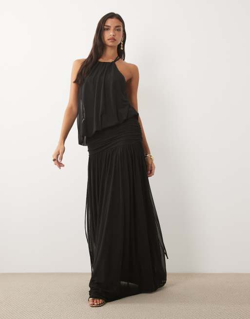 ASOS DESIGN - Vestido maxi de malla holgado tipo blusón fruncido en negro
