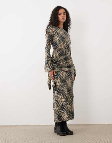 ASOS DESIGN - vestido maxi de manga larga con cuello redondo y detalle de pañuelo en cuadros tostados - view 1