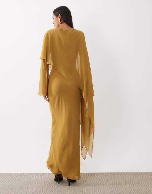 ASOS DESIGN - vestido maxi de manga larga con detalle de capa en ocre oscuro, 4 de 4