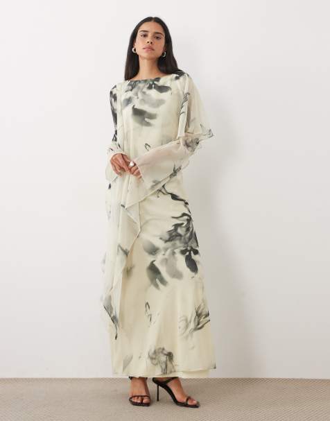 ASOS DESIGN - vestido maxi de manga larga con detalle de capa y estampado monocromo - view 1