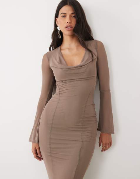 ASOS DESIGN - vestido maxi de manga larga con mangas de malla tipo ángel y espalda con cordones en color mocha - view 1