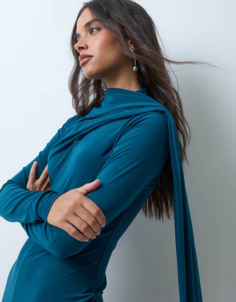 ASOS DESIGN vestido maxi de manga larga, cuello alto y detalle de bufanda en azul petróleo - view 1
