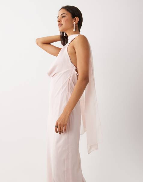 ASOS DESIGN - vestido maxi de satén con cuello desbocado y pañuelo en rosa bebé - view 1