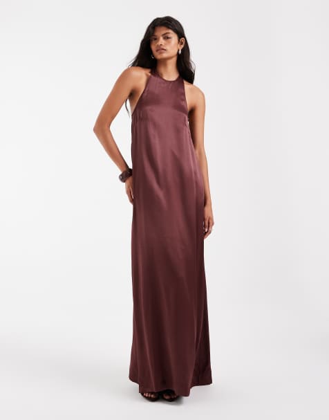 ASOS DESIGN - vestido maxi de satén con cuello nadador en chocolate - view 1