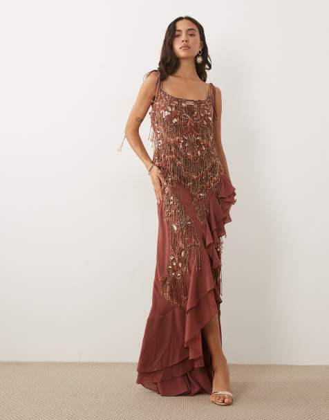 ASOS DESIGN - vestido maxi de tirantes con adornos y falda con volante en terracota - view 1