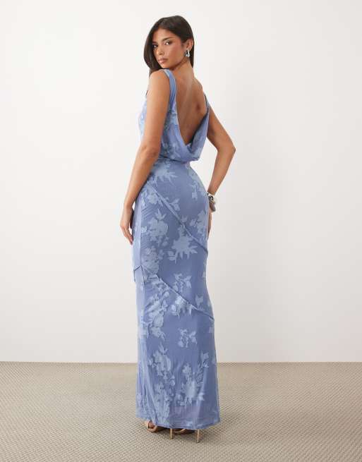 ASOS DESIGN - vestido maxi devoré azul claro con costura vista y espalda drapeada, 4 de 4