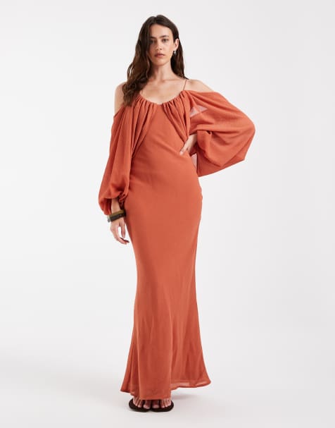 ASOS DESIGN - Vestido maxi drapeado con manga blusón drapeada y lazada con borlas en color óxido - view 1