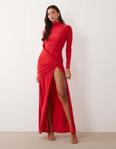 ASOS DESIGN - vestido maxi fluido rojo con abertura alta en la pierna - view 1