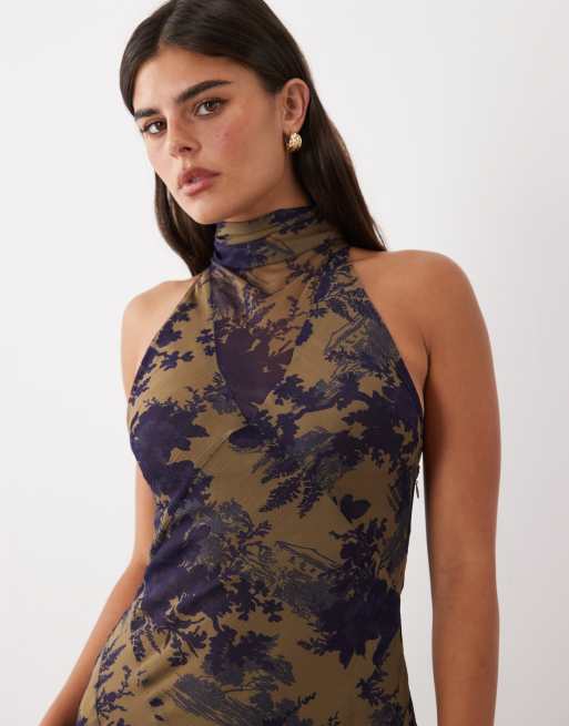 ASOS DESIGN - vestido maxi halter con volumen y pañuelo con estampado floral barroco, 3 de 4