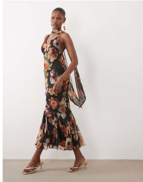ASOS DESIGN - Vestido maxi lencero al bies con escote pronunciado, godets completos y detalle de pañuelo en estampado floral oscuro - view 1