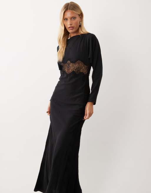 ASOS DESIGN - vestido maxi negro de corte al bies con aplique de encaje y manga integrada, 3 de 4