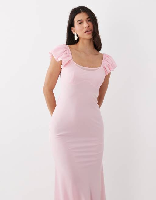 ASOS DESIGN - vestido maxi recto de doble capa con mangas de volante en rosa claro, 3 de 4