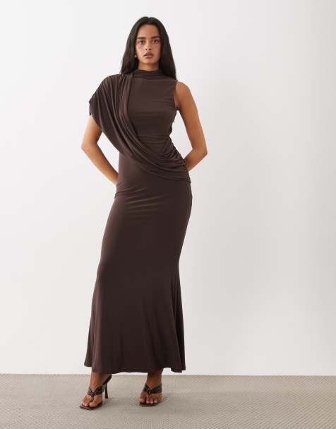 ASOS DESIGN - vestido maxi sin espalda, drapeado y sin mangas en marrón - view 1