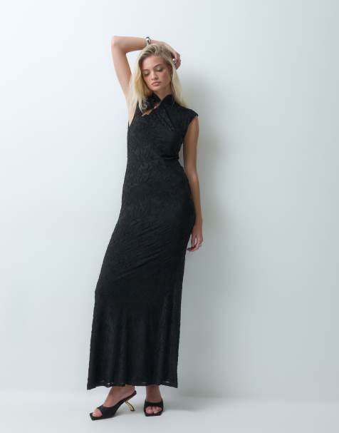 ASOS DESIGN vestido maxi sin mangas de devoré con detalle mao en negro - view 1