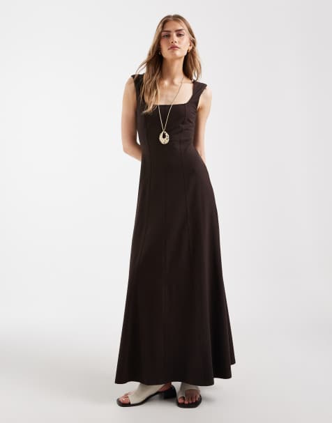 ASOS DESIGN - vestido midaxi con cuello cuadrado y detalle de costuras en chocolate - view 1
