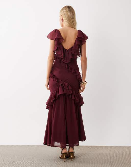 ASOS DESIGN - vestido midaxi con detalle de volante en ciruela, 2 de 4