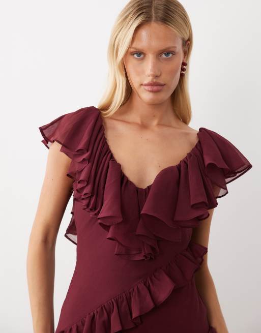 ASOS DESIGN - vestido midaxi con detalle de volante en ciruela, 4 de 4