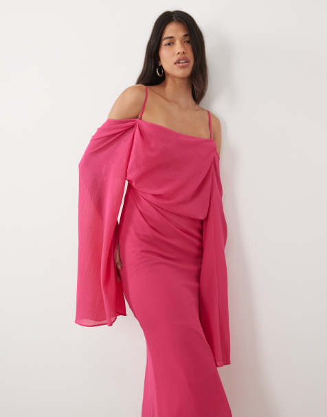 ASOS DESIGN - vestido midaxi drapeado con manga kimono, detalle de capa y espalda abierta en rosa - view 1