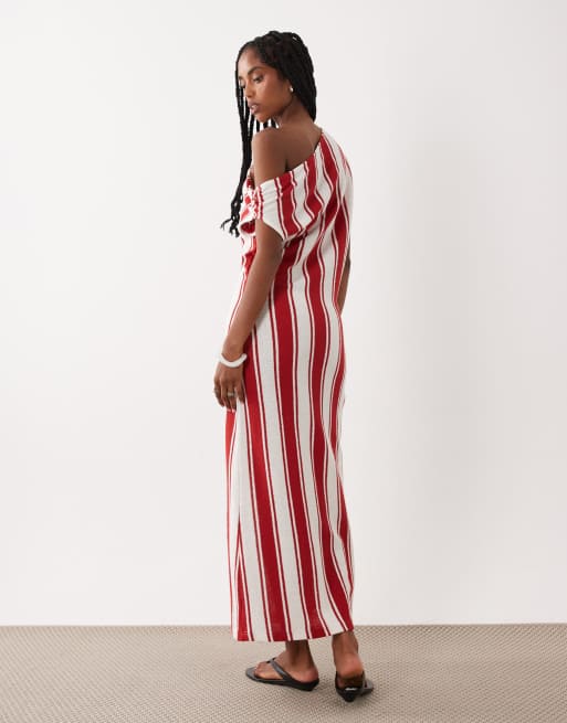 ASOS DESIGN - Vestido midi a rayas con escote Bardot y detalle plisado, 2 de 4