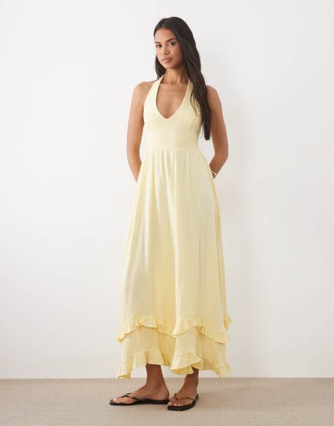 ASOS DESIGN - Vestido midi amarillo crema escalonado con cuello halter de croché - view 1