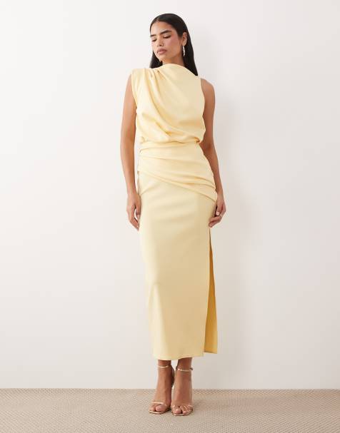 ASOS DESIGN - Vestido midi amarillo crema estructurado con diseño drapeado y abertura - view 1