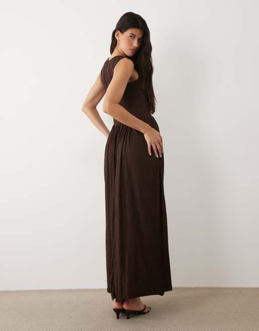 ASOS DESIGN vestido midi arrugado color block en chocolate, 2 de 4