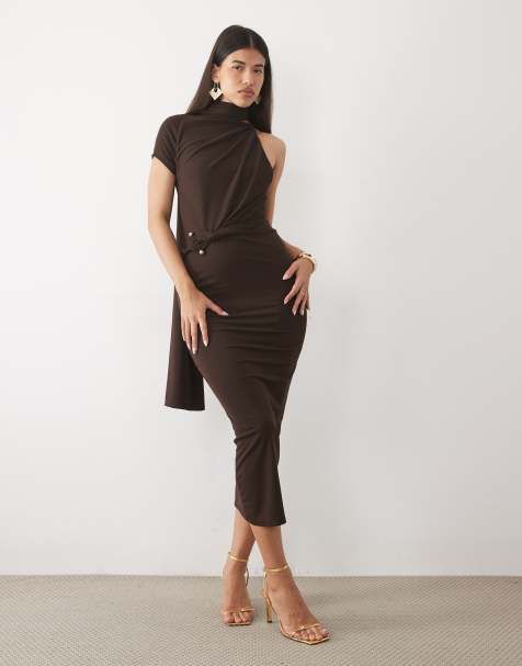 ASOS DESIGN vestido midi asimétrico con detalle de pañuelo y cintura con acabado fruncido en chocolate - view 1