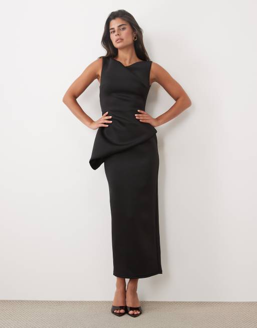 ASOS DESIGN - vestido midi asimétrico con drapeado en tejido tipo scuba negro, 1 de 4