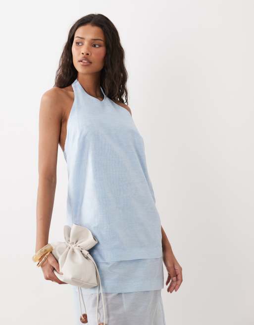 ASOS DESIGN - Vestido midi azul claro de corte recto con cuello halter a capas, 2 de 4