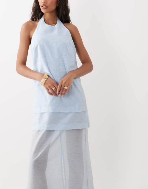 ASOS DESIGN - Vestido midi azul claro de corte recto con cuello halter a capas, 3 de 4