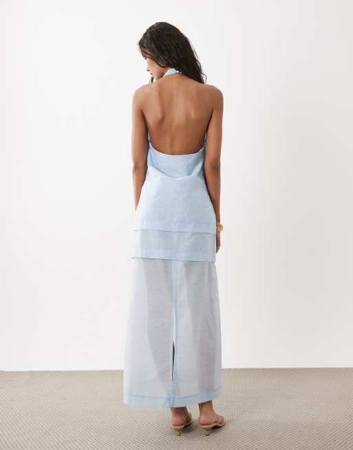 ASOS DESIGN - Vestido midi azul claro de corte recto con cuello halter a capas, 4 de 4